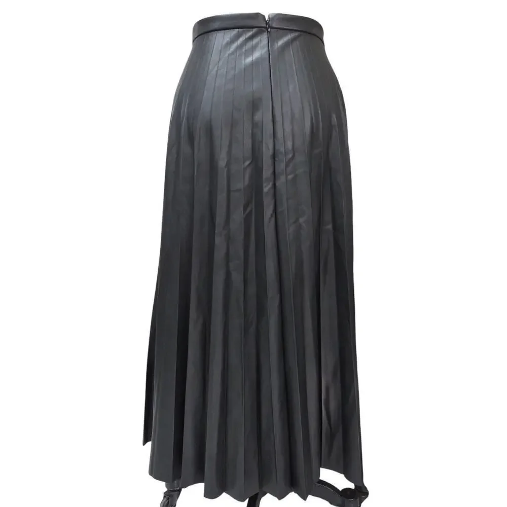 J.Crew Pleated Black Vegan Leather Midi Skirt 14 Long Classic Quiet Luxury